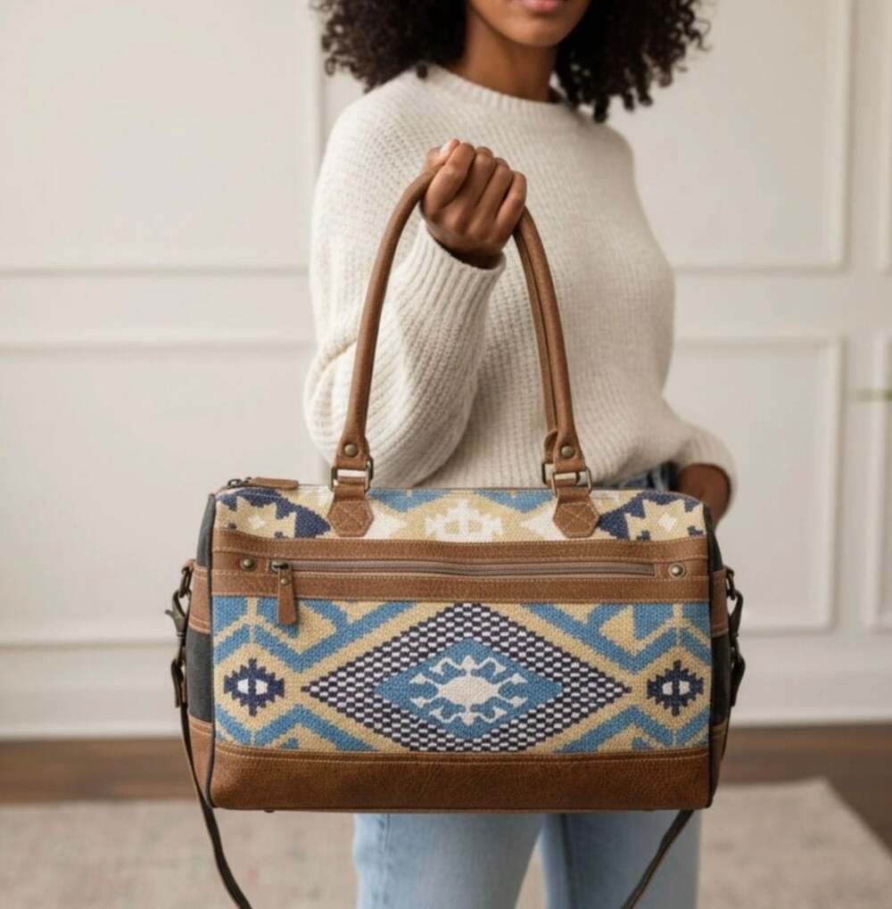 Myra Bags Aqua Appeal Boho Southwestern Geometric Canvas Leather Messenger Bag